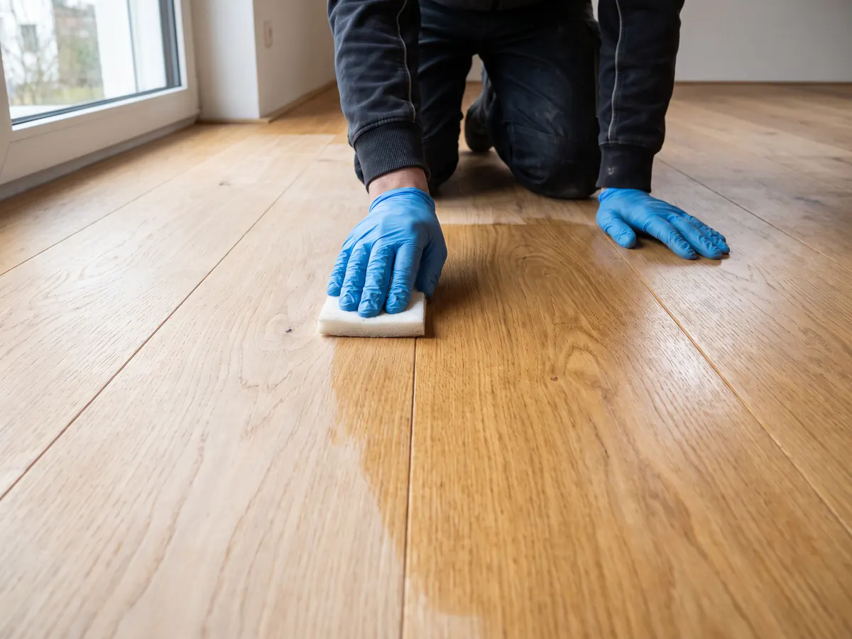 Kniender Handwerker arbeitet mit Handschuhen und einem weißen Pad Öl in frisch geschliffene Eichendielen ein; die geölte Fläche ist deutlich wärmer im Ton